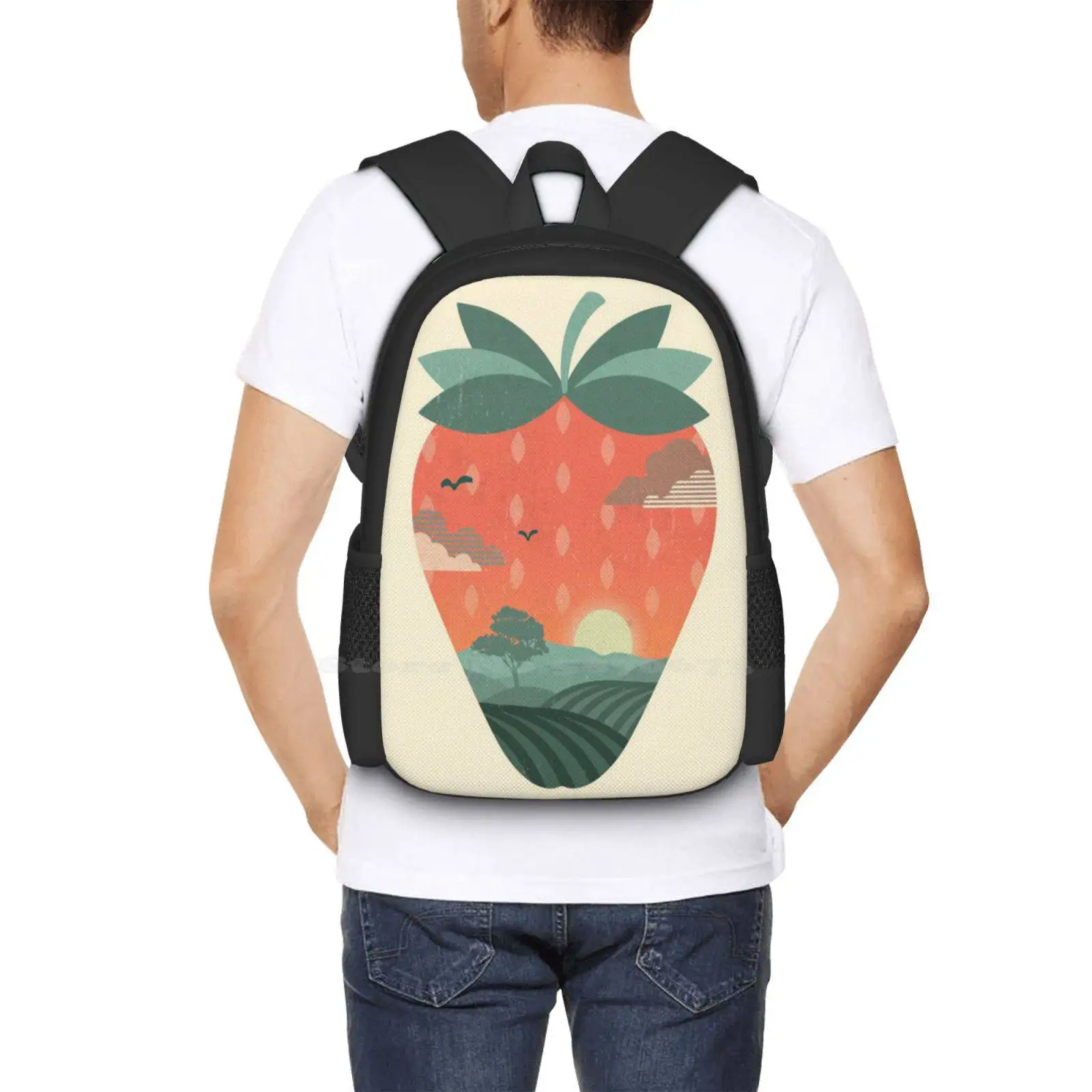 Strawberry Fields Hot Sale Backpack Fashion Bags Sunset Nature Strawberry Fruit Summer