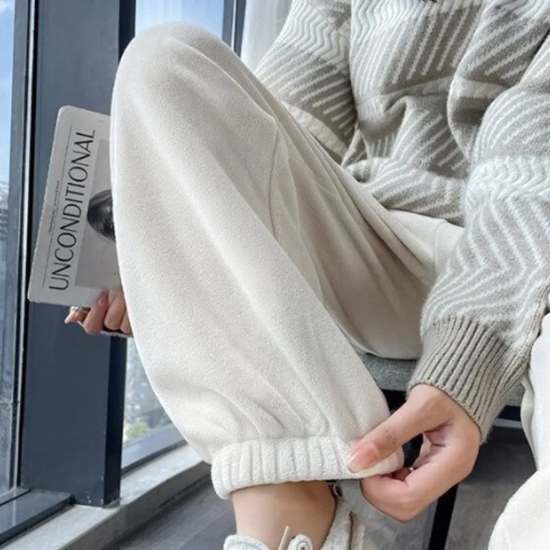 Pink Fleece Sports Pants for Women Autumn and Winter Thick Warm Cotton Pants Small Stature Ankle Binding Fleece Sanitary Pants