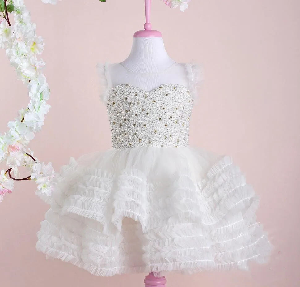 

Fluffy White Tutu Baby Girls Dresses Tiered Organza Beaded Pearls Decoration Kid Birthday Prom Pageant Gown Kids Costume 12M 24M