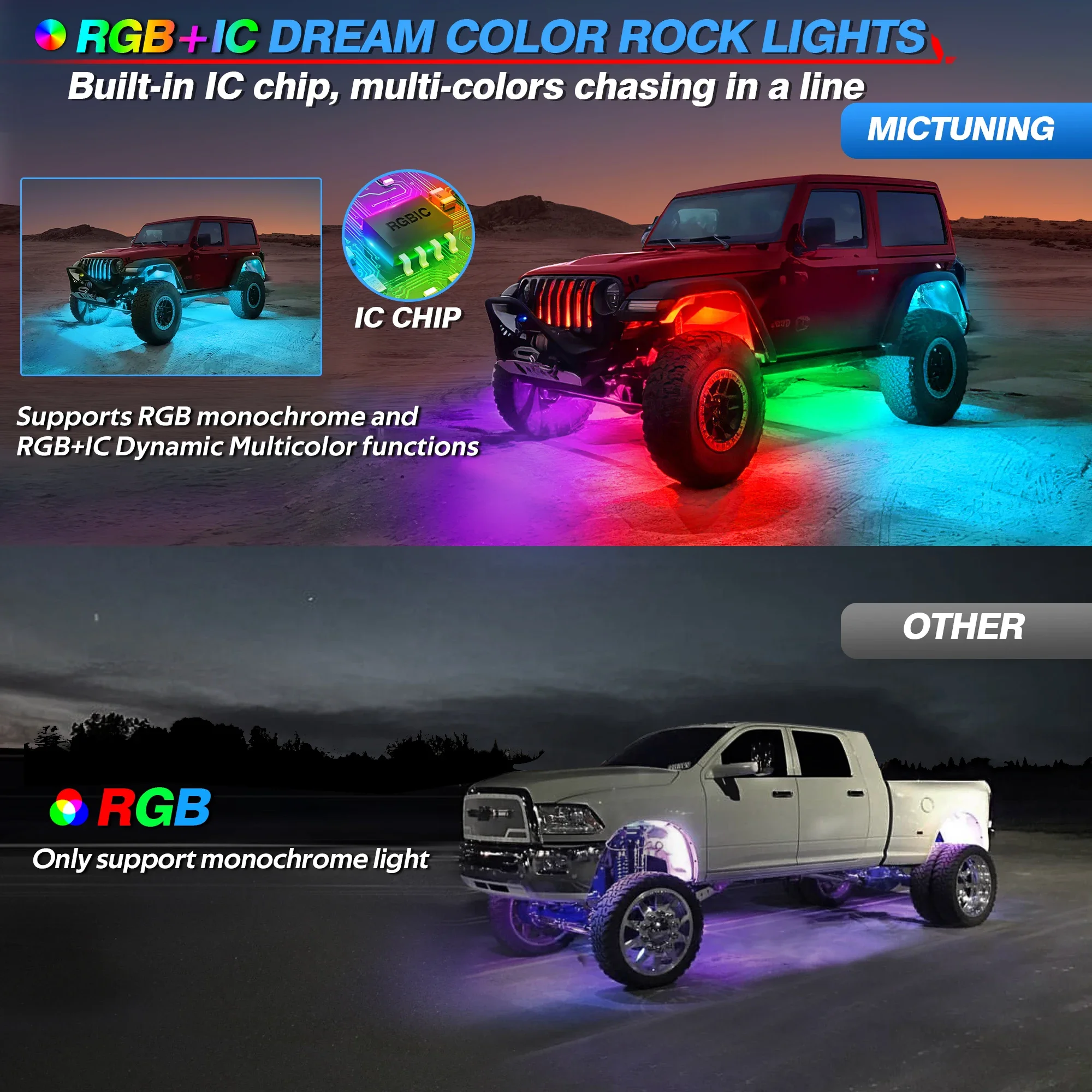 MICTUNING 10Pods Y1 Extensible RGB+IC LED Rock Lights Kit, Chasing Color Decorative Lamps Kit With Wireless APP Control For ATV