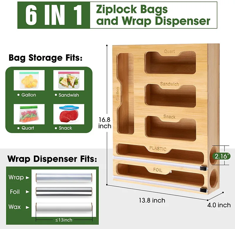 Bamboo Ziplock Bag Organizer Aluminum Foil Organization And Storage Plastic Wrap Dispenser With Cutter For Kitchen Drawer