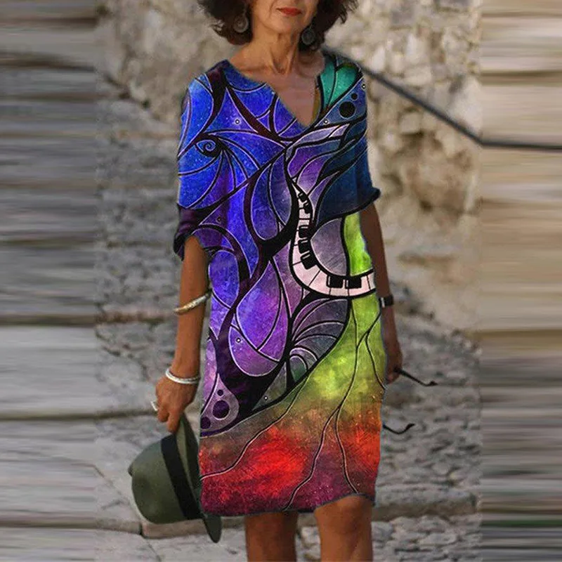 2024 Summer Elegant Women Dress Loose Printed V-neck Dresses Female Spring Trendy Beach Fashion Casual Clothes Ladies Vestidos