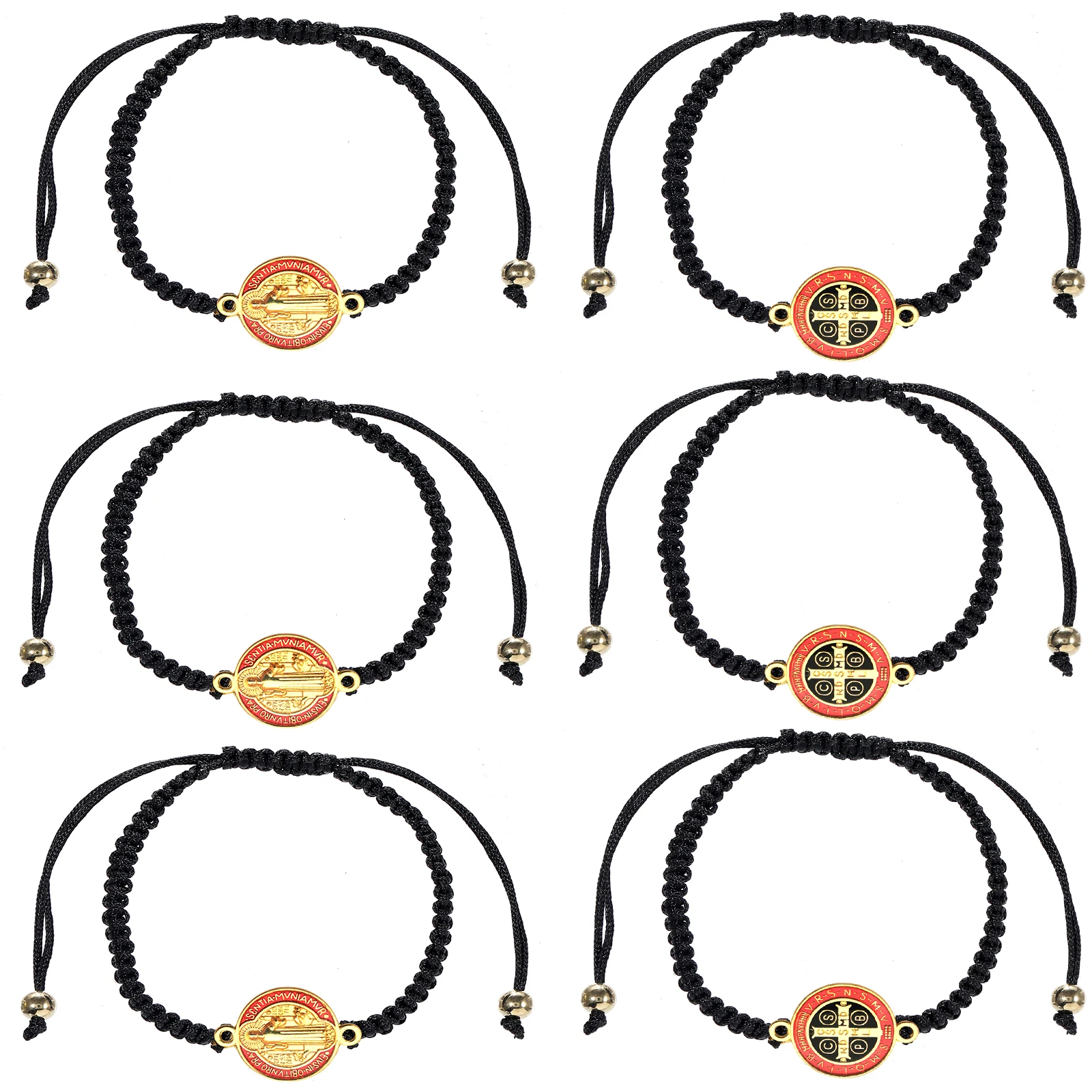 6Pcs San Benito Bracelets Black Rope Cord Adjustable Bracelet Double Side The Saint Benedict Medal Pendant Prayer Bracelets