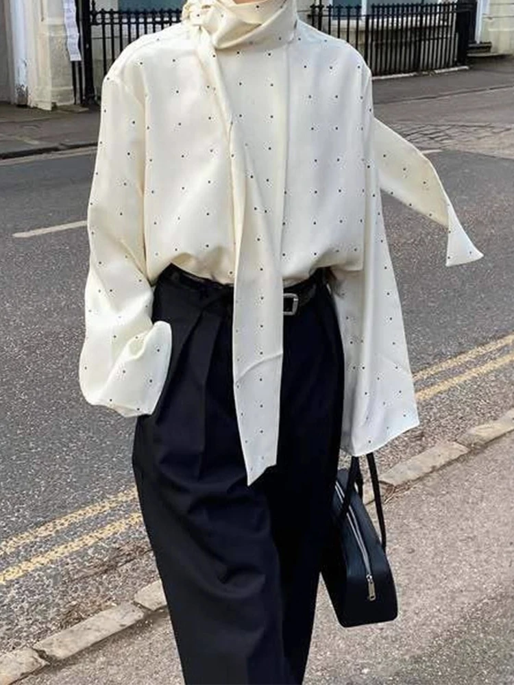 

Elegant Polka Dot Printed Blouse for Women Scarf Neck Long Sleeves Classics Shirts 2025 Autumn Spring Casual High Street Office
