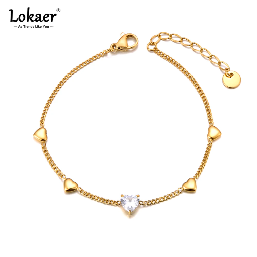 Lokaer Cubic Zirconia Heart Chain Bracelet Bransoletki damskie ze stali nierdzewnej Sweet Style 18K Gold Plated Jewelry B24070