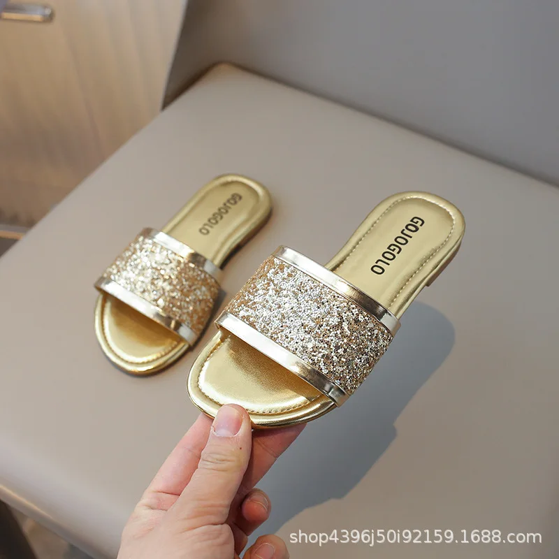 Girls Crystal Slip-On Slippers – Summer Korean Princess Slides with Soft Sole, Sparkly Flat Sandals for Outdoor Daily Wear