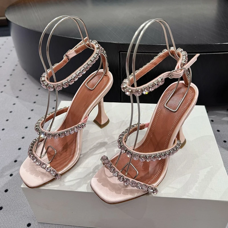 Runway Cup High-Heeled Silk Satin Sandals Women Shiny Rhinestone Decor Ankle Strap Gladiator Sandalias Summer Party Dress Shoes view 5