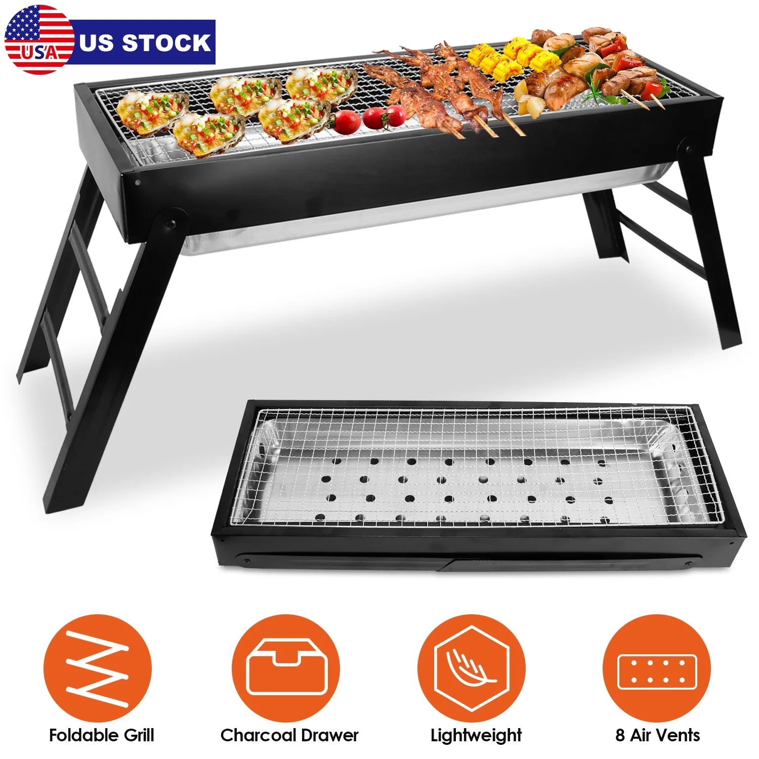 

[US Stock] Portable Charcoal Grill Foldable Tabletop BBQ Grill with Pull-Out Drawer Small Lightweight Barbecue Grill for Outdoor
