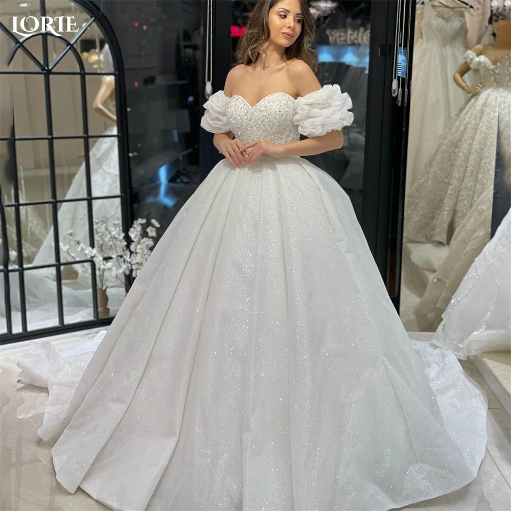 

LORIE Saudi Elegant Glitter Wedding Dresses Off Shoulder Shiny Puff Sleeves A-Line Bridal Gowns Sparkly Princess Bride Dress