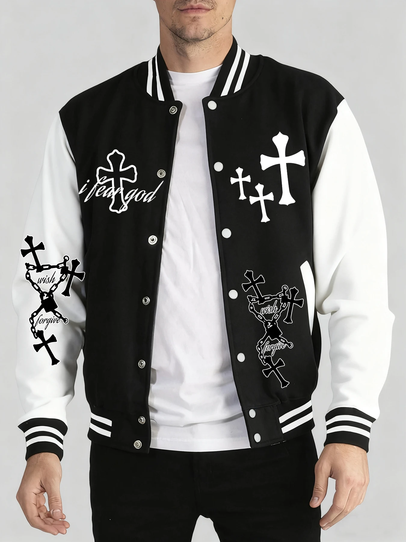 

Cross Wish Or Forgive Print Unisex Sportswears Oversized Casual Jacket Autumn Winter Baseball Uniform Vintage Comfortable Tops