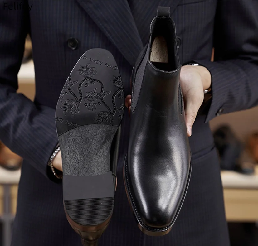 Black Men's Chelsea Boots Autumn Winter Square Head Genuine Leather Ankle Boots Business Casual Men Short Boots Handmade Shoes