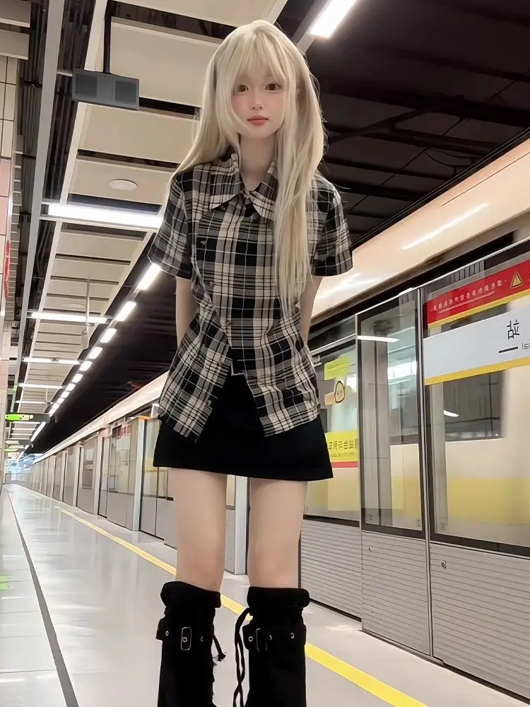 

Deeptown Vintage Plaid Shirts Women Elegant Classic Short Sleeve American Style Asymmetrical Blouses Slim Preppy Casual Gyaru