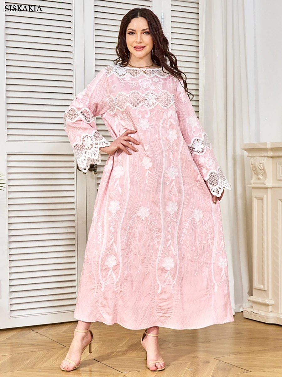 Siskakia Moroccan Kaftan Dress Elegant Casual Mesh Sleeve Jacquard Dresses For Women Gala