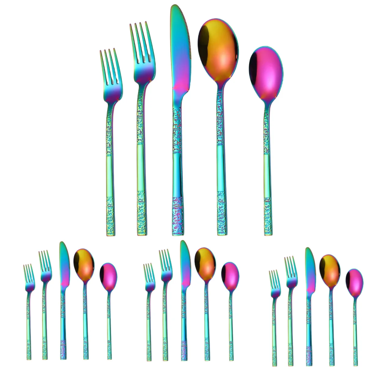 

A · HOUSEWARE Rainbow Silverware Set for 4 Stone Pattern Handle Stainless Steel Flatware Unique Textured Design Eating Utensils