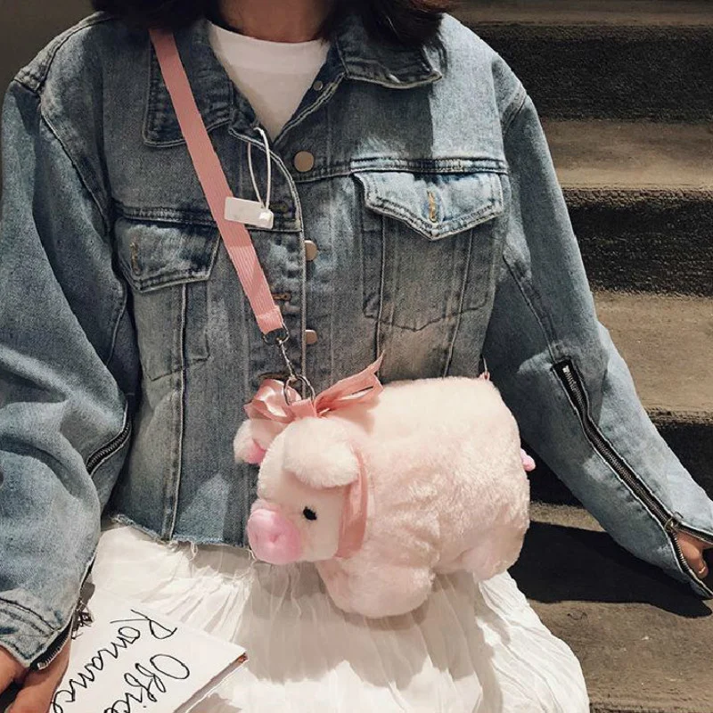 Cute Pig Shoulder Bag Plush Stuffed Animal Crossbody Bags Women Fashion Winter Soft Purse Cartoon Handbags Phone Money Storage