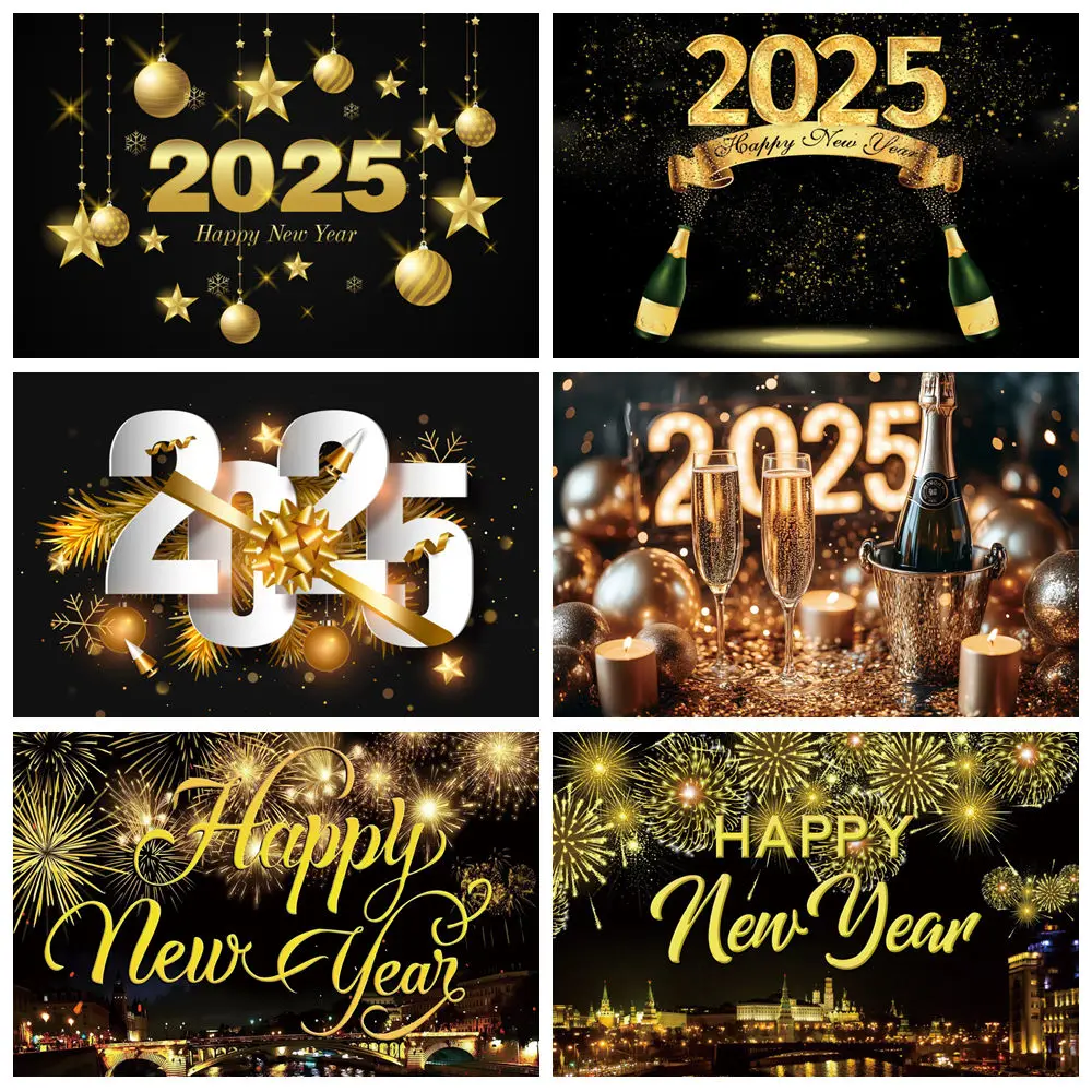 

Happy New Year Photography Backdrops Glitter Firework Balloons Clock Champagne Wine Glass Family Party Background Photo Studio