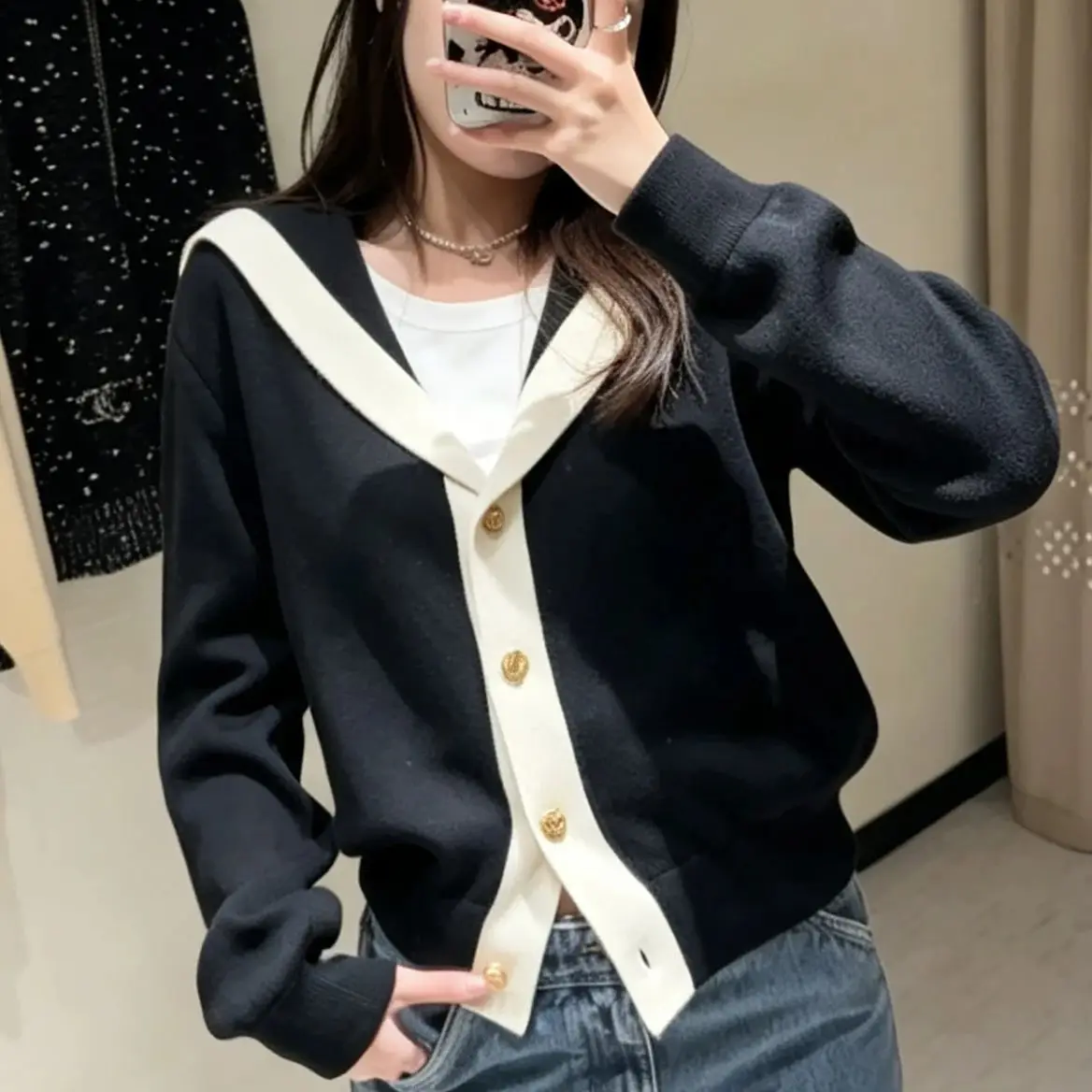 Premium Sense Super Good-Looking Knitted Sweater Navy Style Contrasting Color Gold Button Knitted Women's College Style Jacket