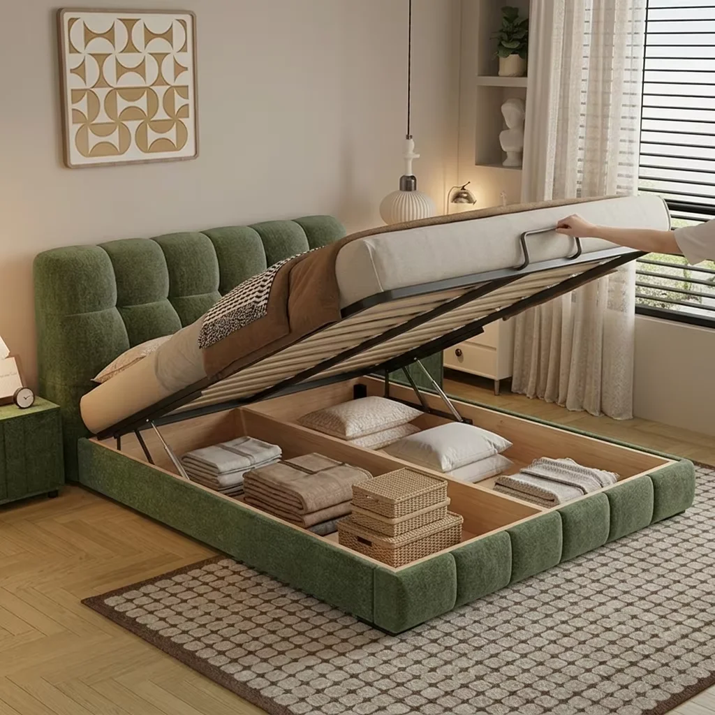 Gas Lift Storage Bed Hydraulic - Letto Imbottito in Ciniglia Testurizzata Premium