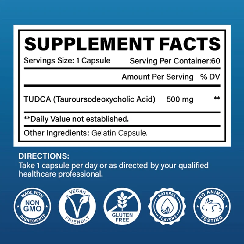 TUDCA 500mg supplement, liver and gallbladder support, true pure bile salt, bitter taste, gluten free, non GMO -60 capsules