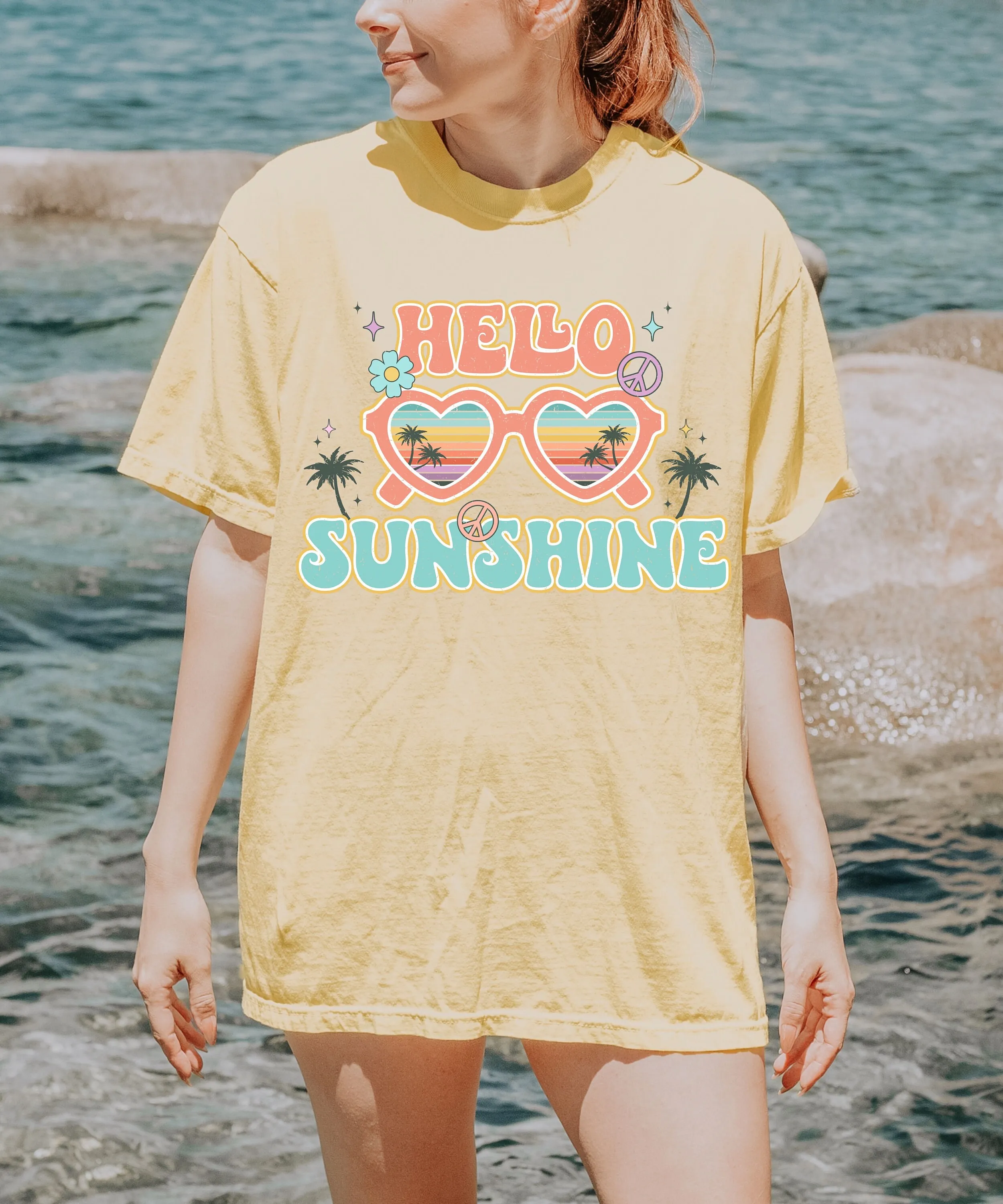 Hello Sunshine Sunglasses Palm Trees Vintage Retro Hippie 70S Summer Vibes Beach Season Vacation Heavy Weight Comfort