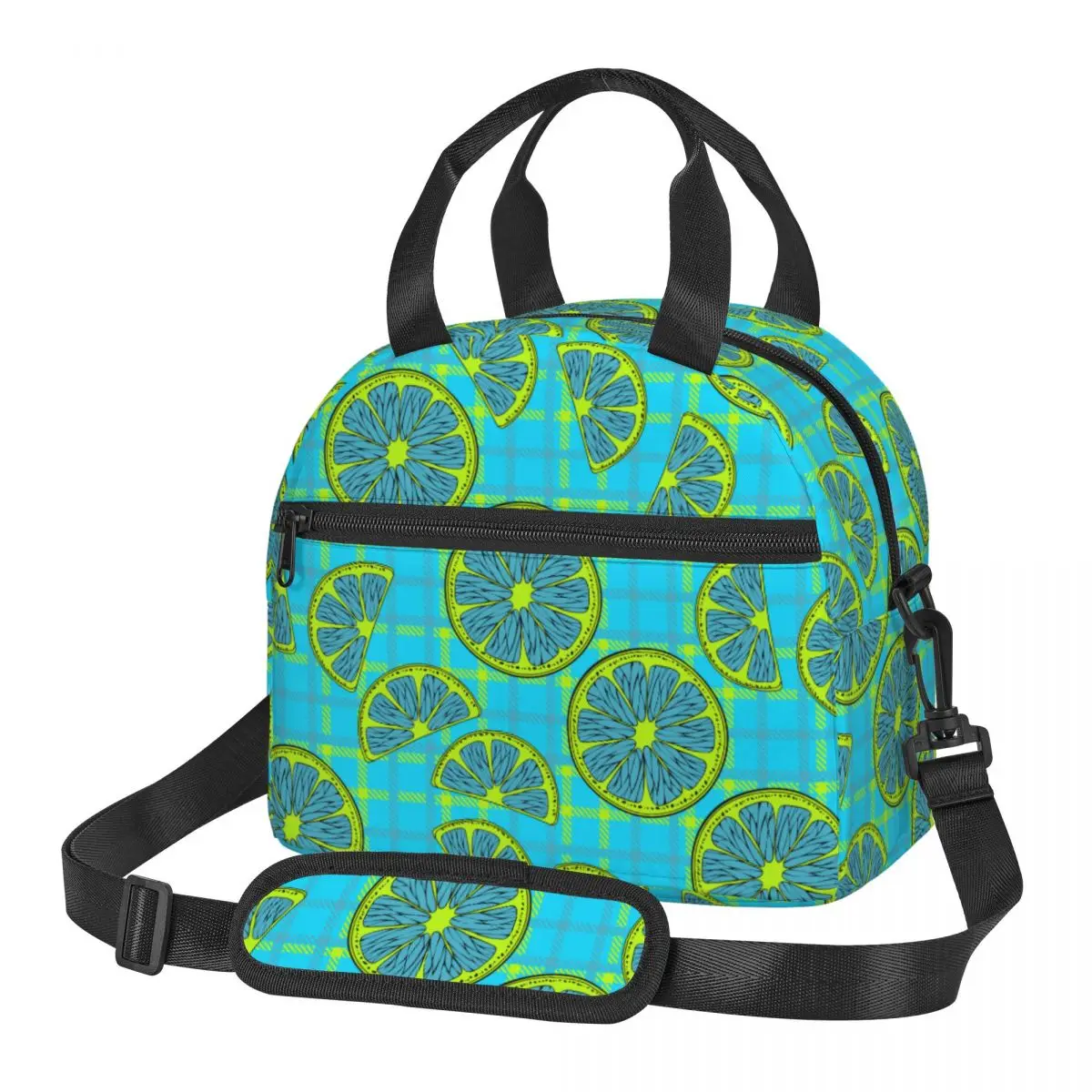 

Blue Citrus On A Checkered Background Large Insulated Lunch Bags With Adjustable Shoulder Strap Cooler Thermal Lunch Boxes