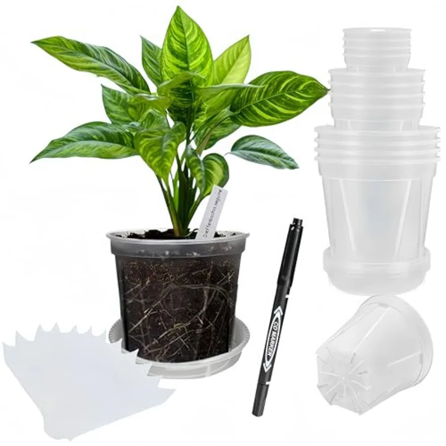 

12 Pcs High Transparency Plastic Pots for Plants with Trays 4 5 6 inch Clear Nursery Pots with Drainage Holes Plant Pots for In