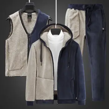 Třídílná sada z jehněčího kašmíru pro muže, teplá módní sety z jehněčí vlny, zimní a sametové, silné tepláky, pánská sada, mikina s kapucí a vestou, kalhoty 10 nejlepší prodej Pánská tepláková souprava, 3 díly - №5