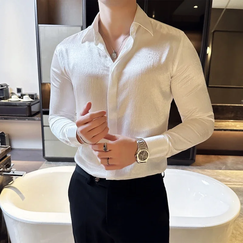 Luxury Glossy Shirt for Men High-quality Long Sleeve Business Formal Dress Shirts Fashion Casual Social Party Banquet Blouse