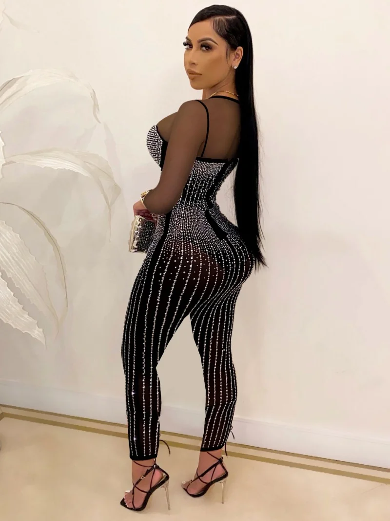 Sexy See Through Diamonds Hot Rhinestones Jumpsuit Spring Clothes Women O-Neck Long Rompers Playsuits One Pieces Overalls Outfit