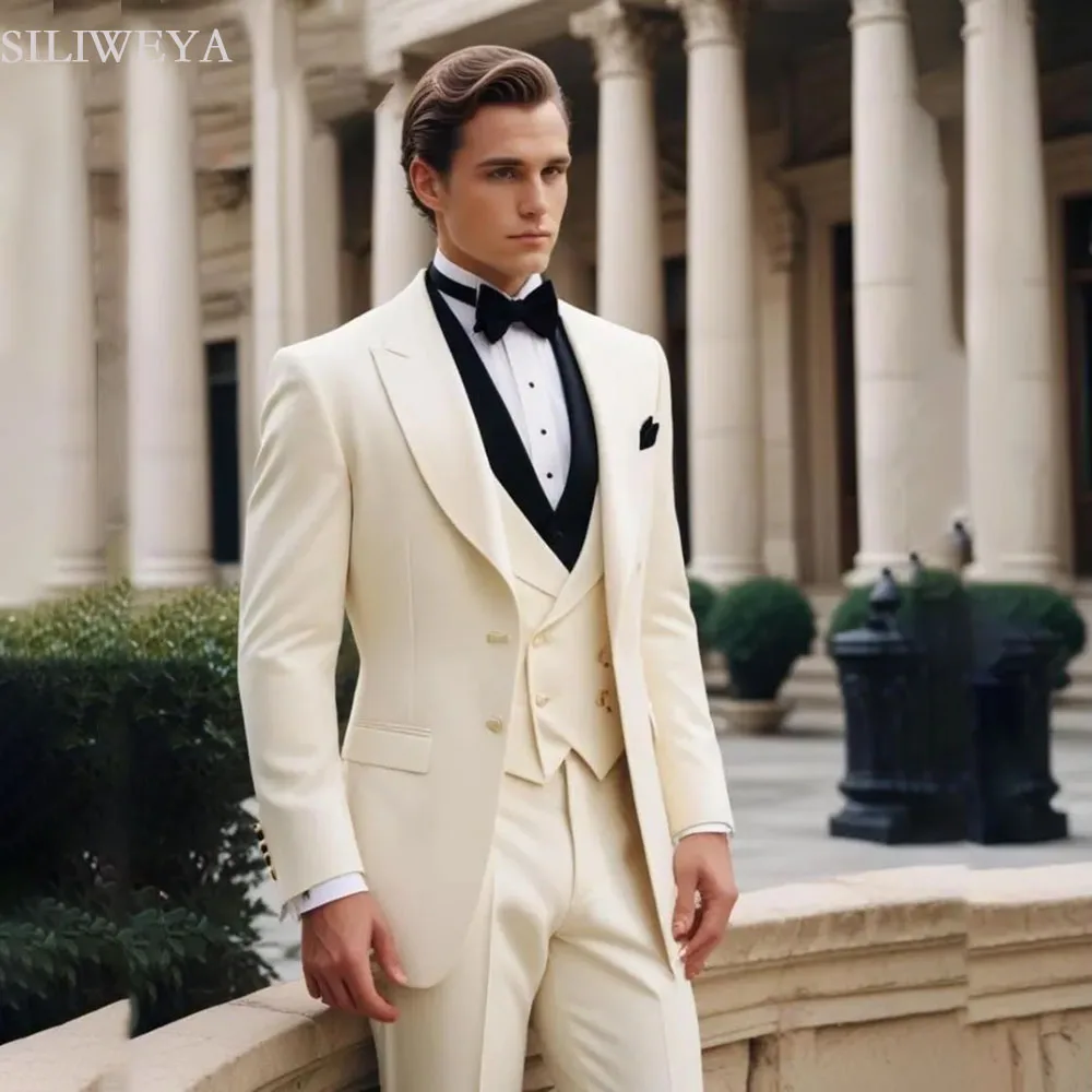 

SILIWEYA High Quality Men's Suits Elegant Single Breasted Peak Lapel Skinny 3 Piece Jacket Pants Vest Wedding Outfits Terno