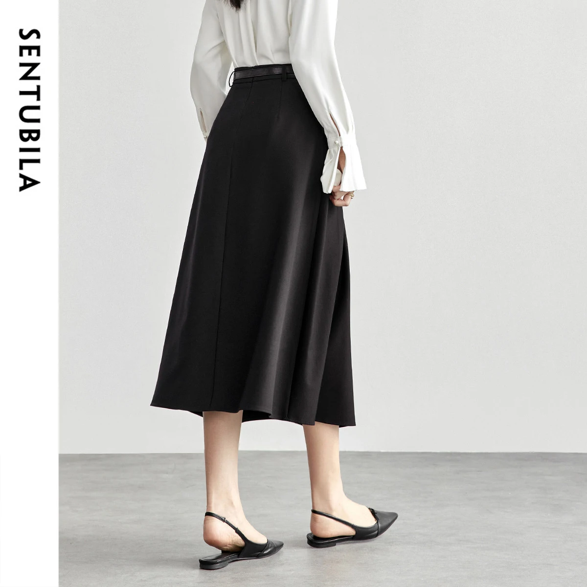 SENTUBILA Autumn Winter Pleated Skirts Solid Basic A-line Fashion Work Business Midi Skirts 2024 New Women Clothing 143Q58240T