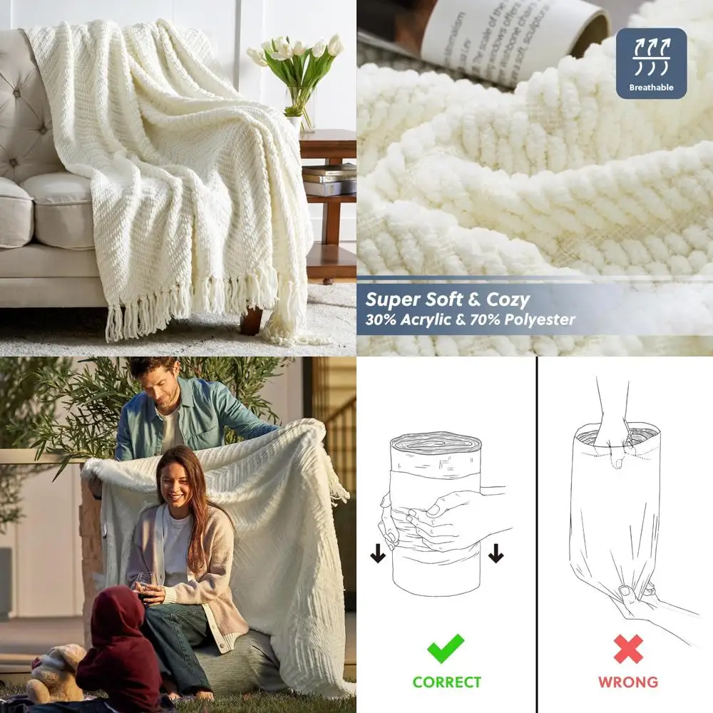 

Кремовое одеяло Bedsure — плюшевый массивный вязаный синель для уютного декора дивана