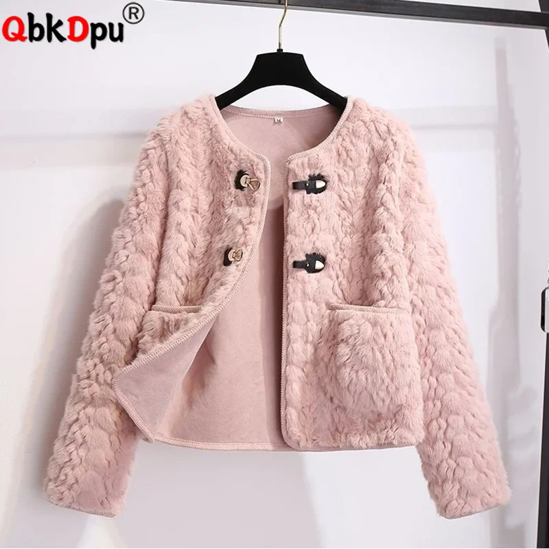 

Korean Fashion Lamb Wool Outerwears Women Casual O-neck Single Breasted Jackets Tops Fall Winter Long Sleeve Chaquetas Blusas