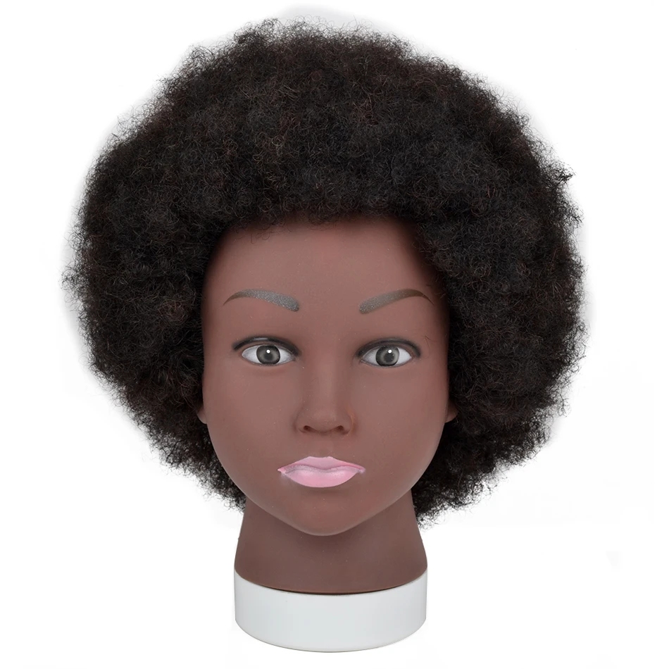 Африканская голова манекена со 100% человеческими волосами, вьющиеся волосы, красивая голова манекена с подставкой для практики плетения волос