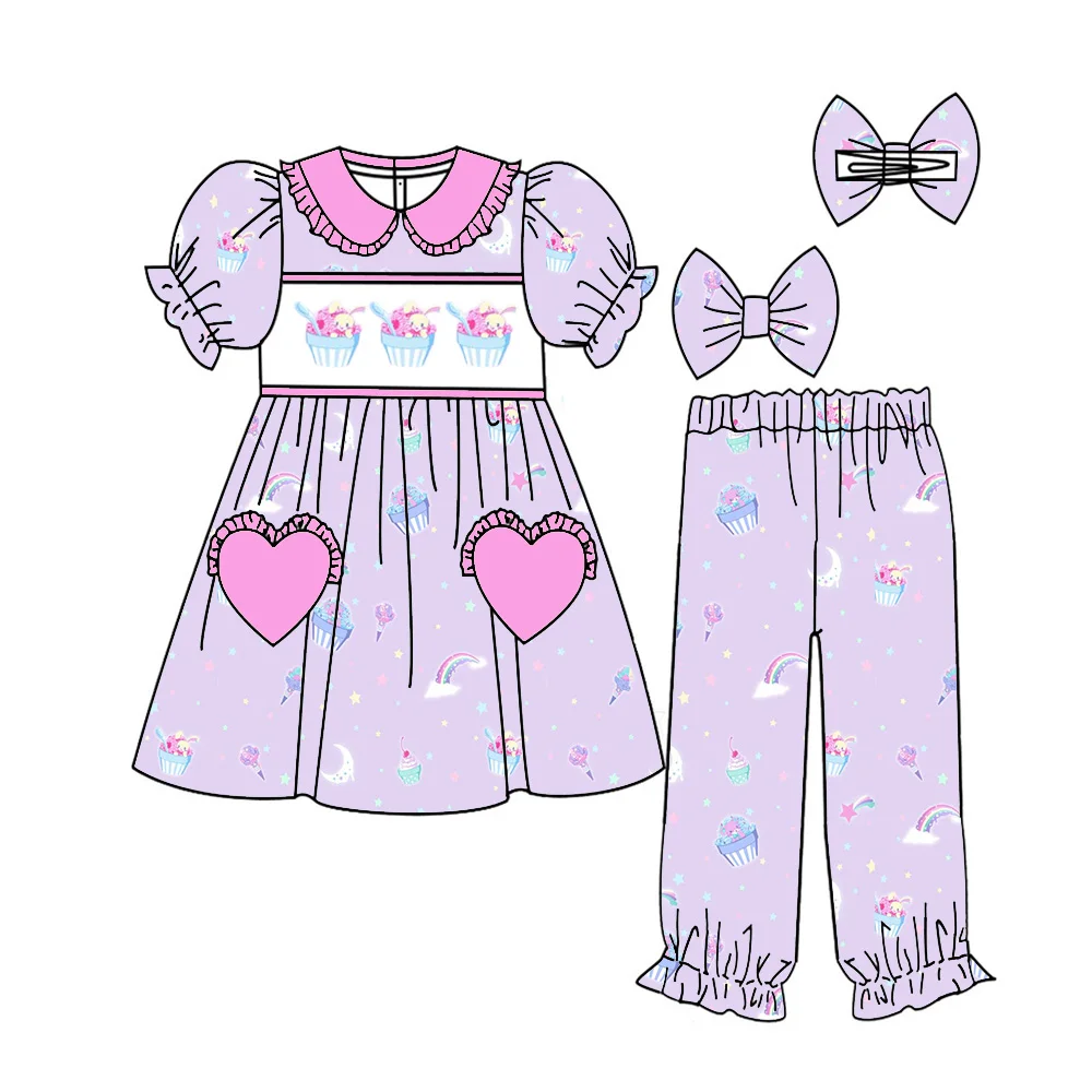 Valentine's Day New Girls' Short-Sleeved Heart Bow Floral Print Pants Set Girls' Suit Bow Premium Children's Clothing Baby Set
