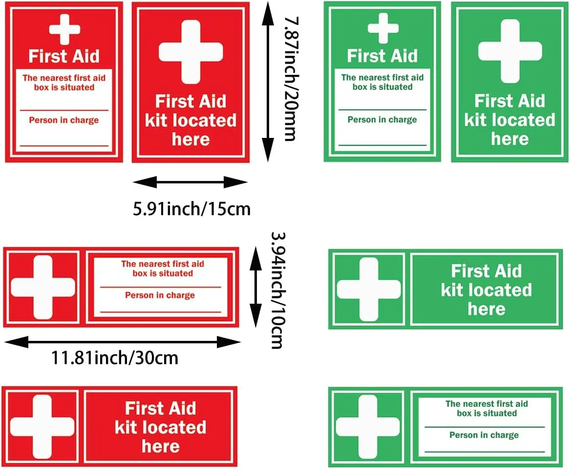 8 Pack First Aid Kit Medical Emergency Sign Health and Safety Signage 4 Set Red and Green Medical First Aid Kit Stickers view 5