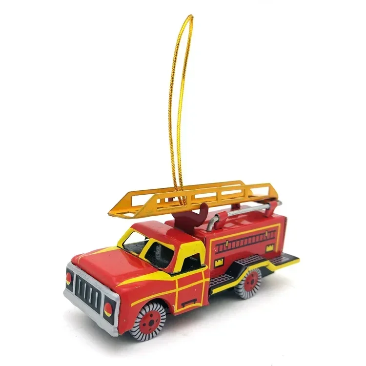 [Funny] Adult Collection Retro Wind up toy Metal Tin fire truck scaling ladder car pendant Clockwork toy model vintage toy gift