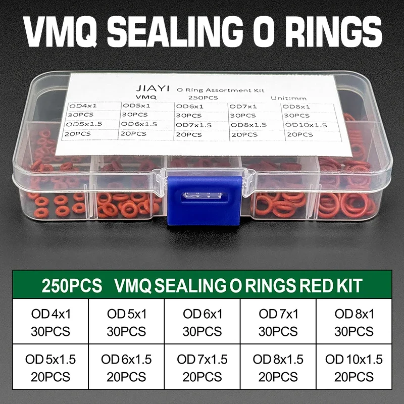 CS 1mm/1.5mm Food Grade Silicone O-Ring 250Pcs OD 4 5 6 7 8 10mm Heat Resistant Oil Resistant -60~200Deg.C Waterproof Sealing