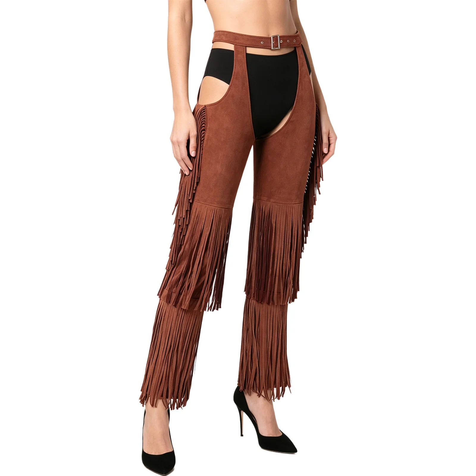 Women Cowboy Equestrian Show Fringed Pants Tiered Tassel Chaps Wide Legs Cowgirl Pants for Trick Vacation Photography Attire