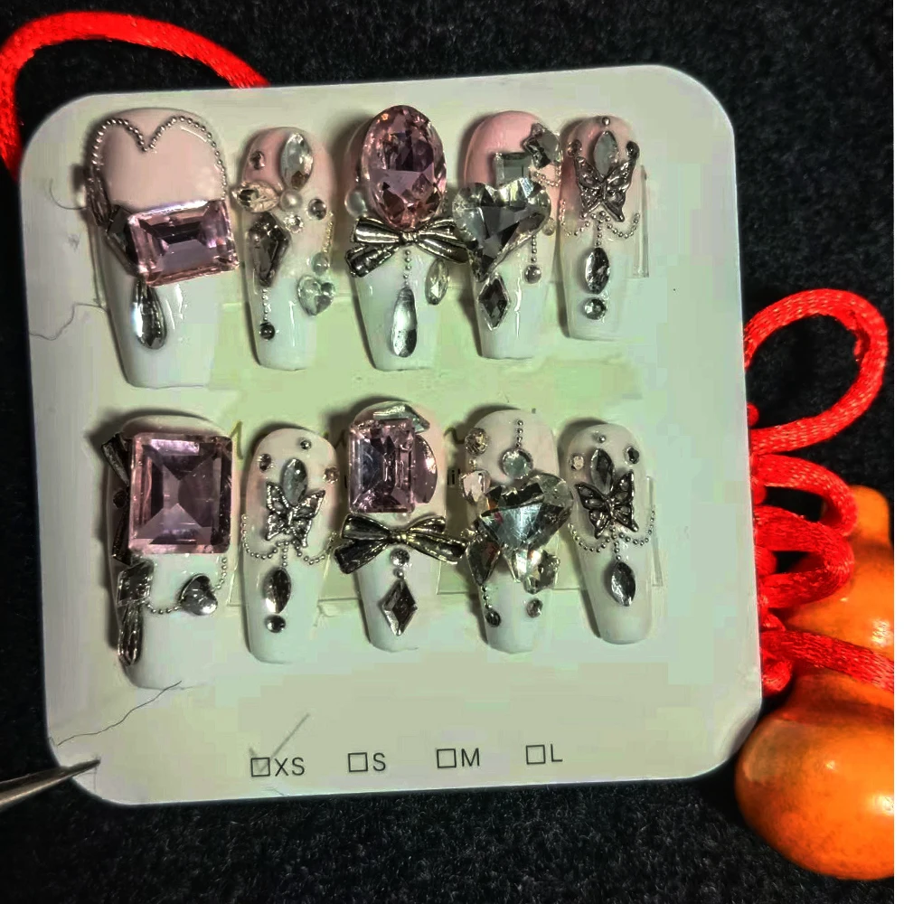 Uñas postizas reutilizables y hechas a mano, uñas clásicas chinas, Uñas postizas de diamante completo usable como regalo, artesanía permeante, Rosa hielo, diam