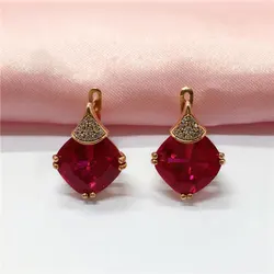 585 purple gold geometric square ruby earrings for women plated 14K rose gold Light Luxury Ear buckle charm classic jewelry