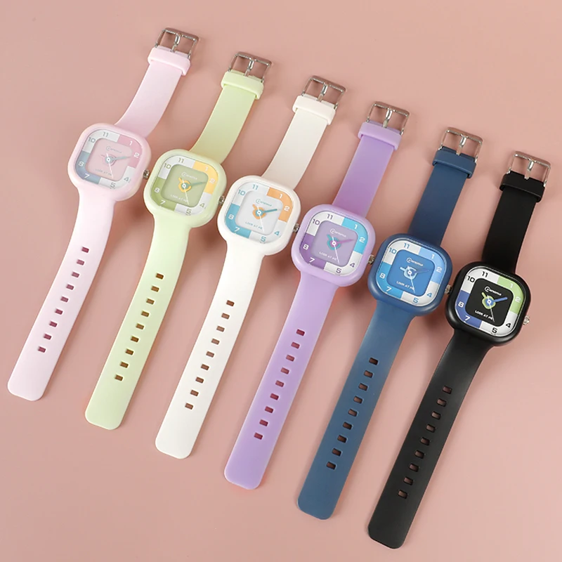 Children Watch Sports Square Male and Female Student Wristwatch Korean Edition Simple Color blocked Waterproof Lovers Watches