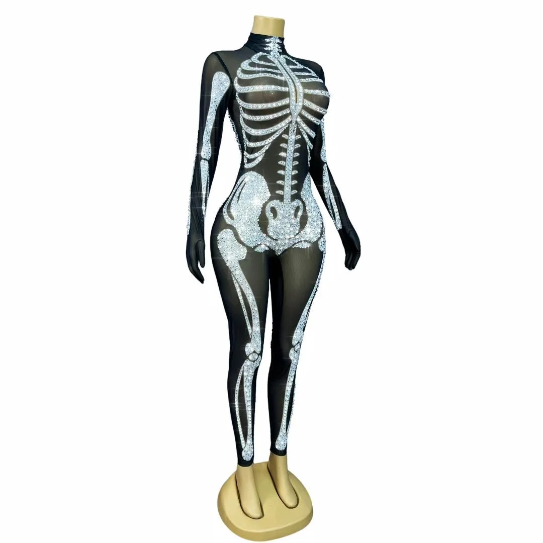 

Luxury Rhinestones Skeleton Mesh See Through Long Sleeve Jumpsuit Nightclub Cos Evening Party Stage Performance Costume