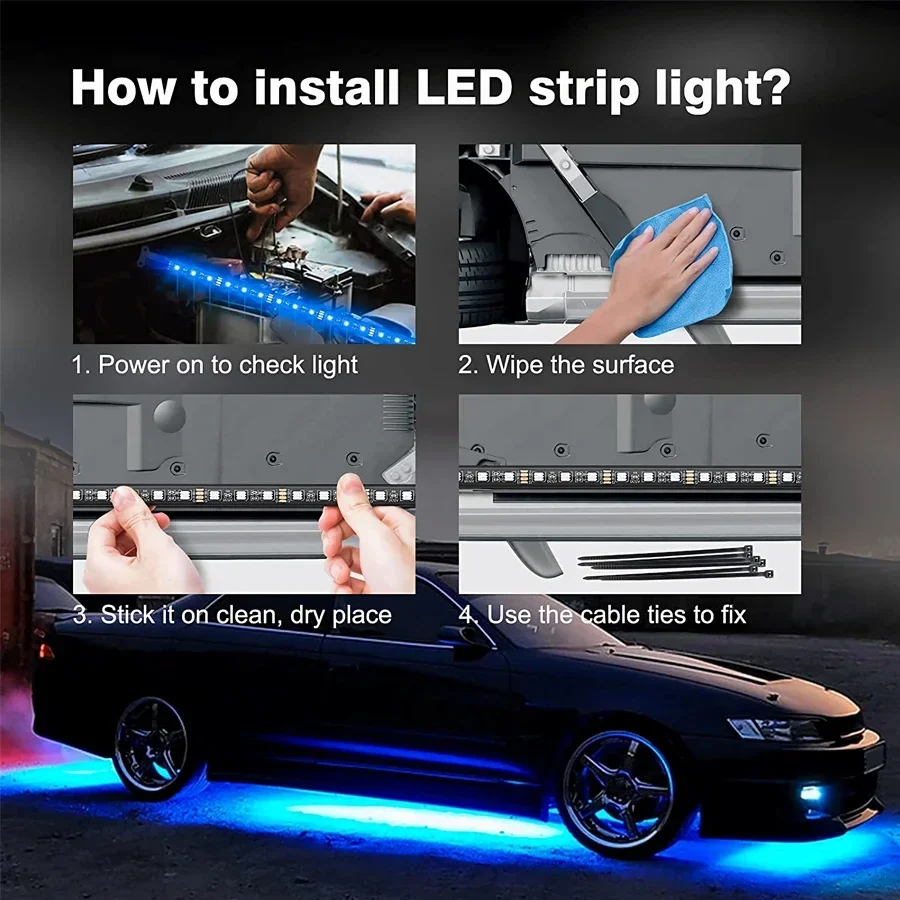 Tira de luces LED de neón RGB para debajo del coche, Lámpara decorativa Flexible, resistente al agua, Control remoto/aplicación