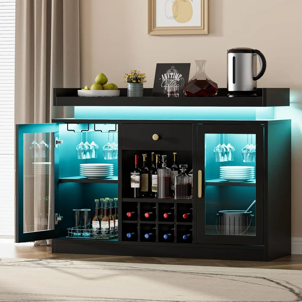 Weinbarschrank mit LED-Licht, Kaffeeschrank für Zuhause mit Wein- und Glasregal, Lagerregale, 1 Schublade, moderner freistehender Stil