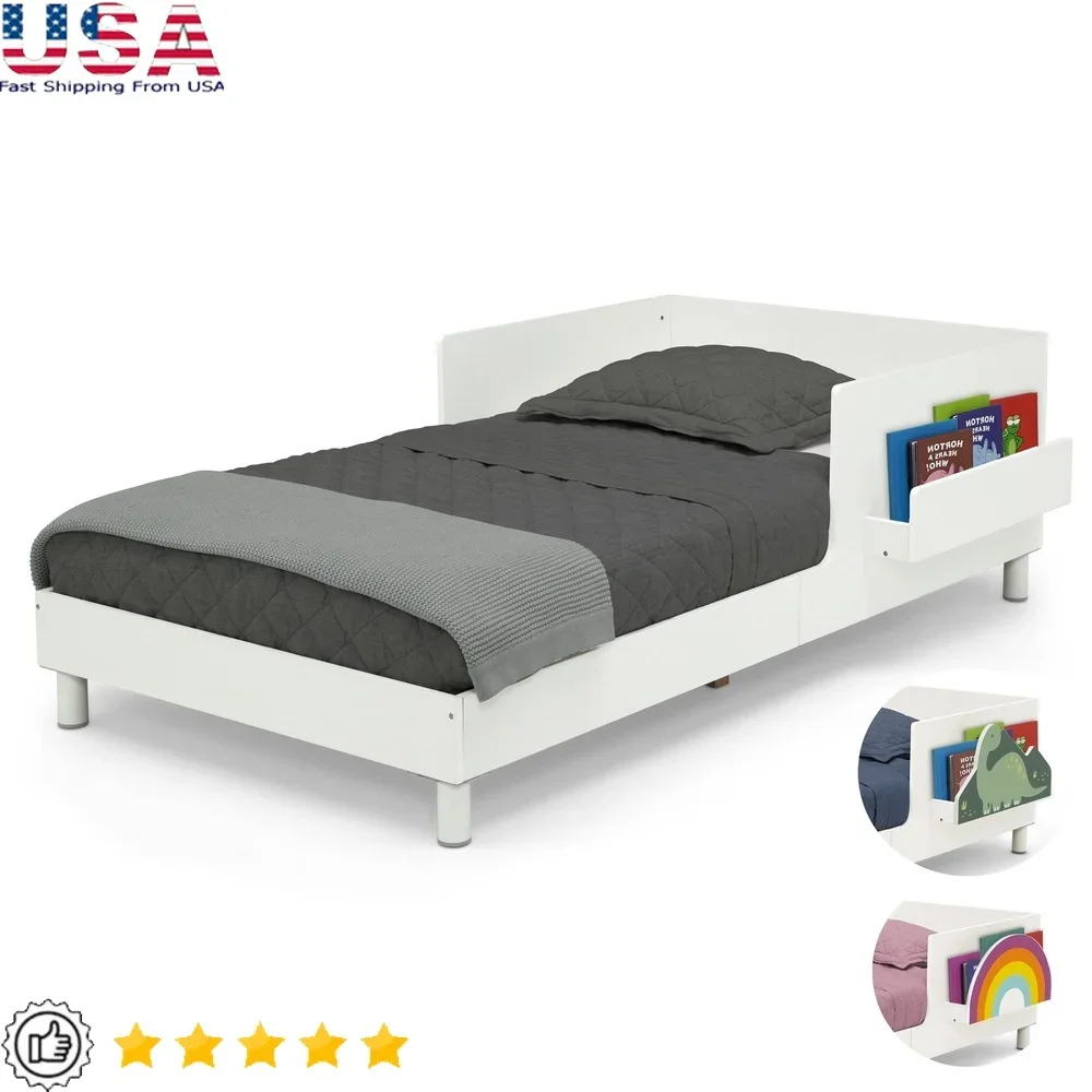 

Toddler Bed with Interchangeable Bookshelf Rainbow Dinosaur Options Safe Low Profile Design 2 Guardrails Easy Access Kids