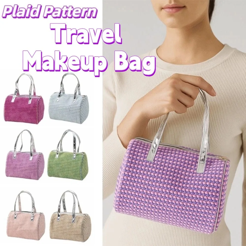 Bolso de mano portátil para mujer, bolsa de maquillaje de viaje con doble asa suave, organizador de almacenamiento, bolsa de cosméticos informal con patrón a cuadros para vacaciones