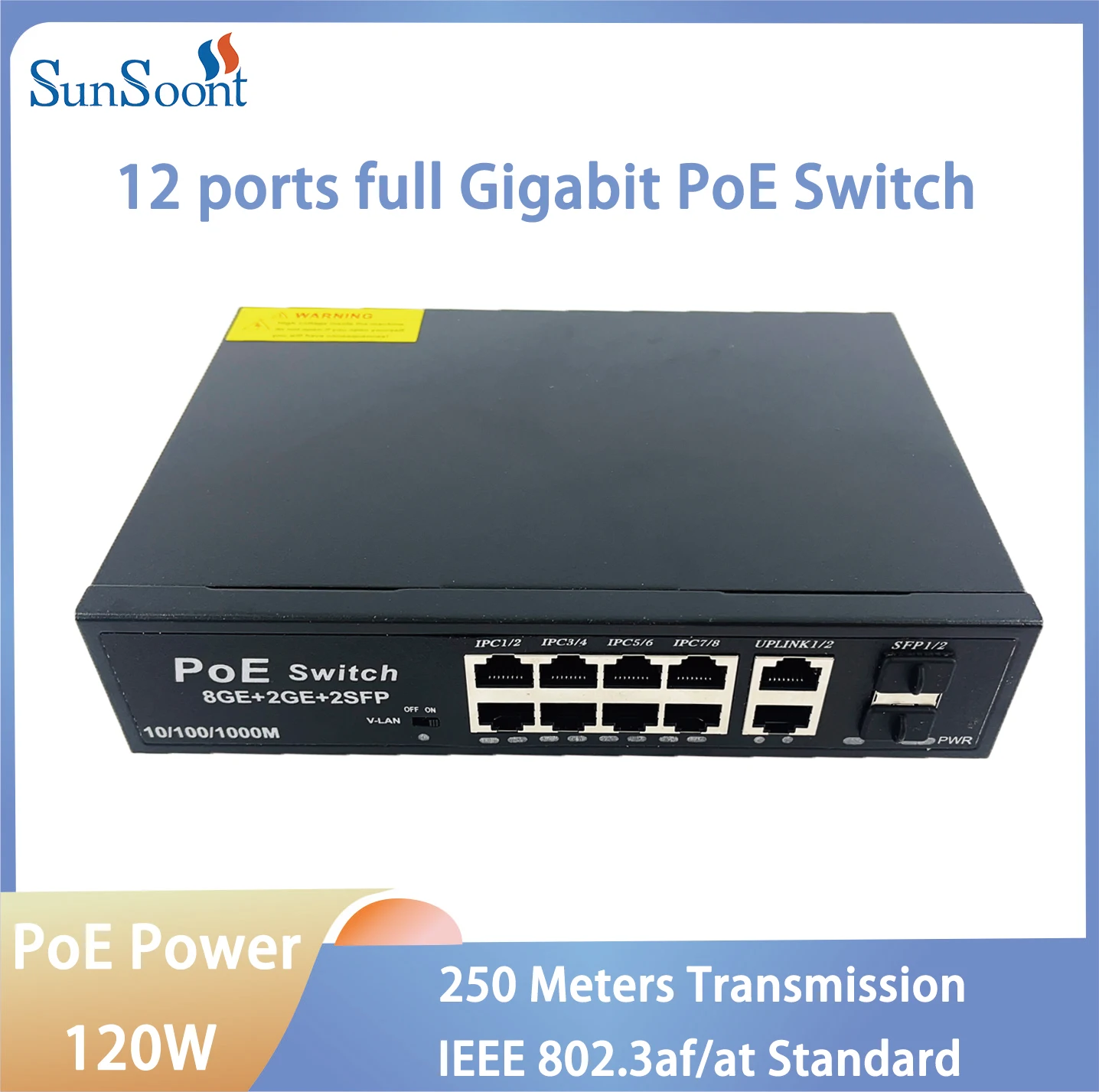 

12-портовый гигабитный коммутатор PoE, 2 порта, 1000 м, сетевой коммутатор Uplink, 120 Вт, интернет-сплиттер для IP-камеры, наблюдения, NVR