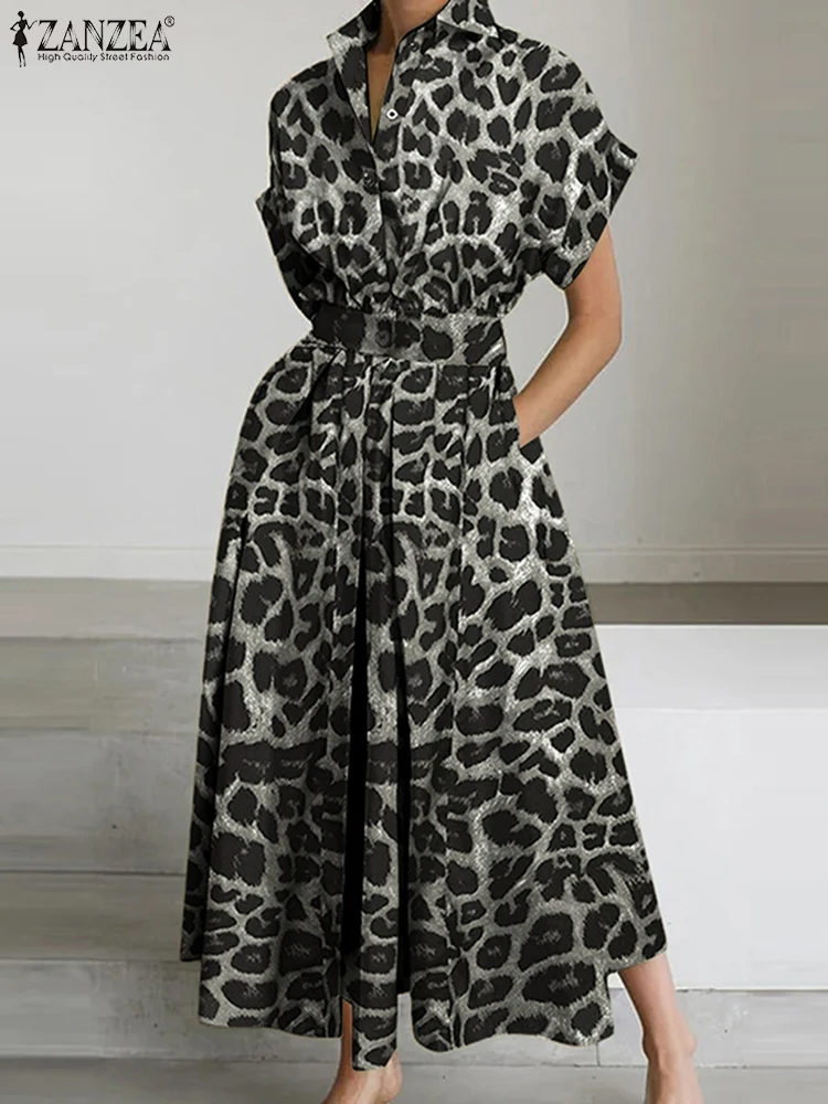 2025 فساتين أنيقة ليوبارد ZANZEA المرأة ماكسي فستان طويل مكتب فستان الشمس الصيف التلبيب الرقبة قصيرة الأكمام العمل Vestidos رداء #2