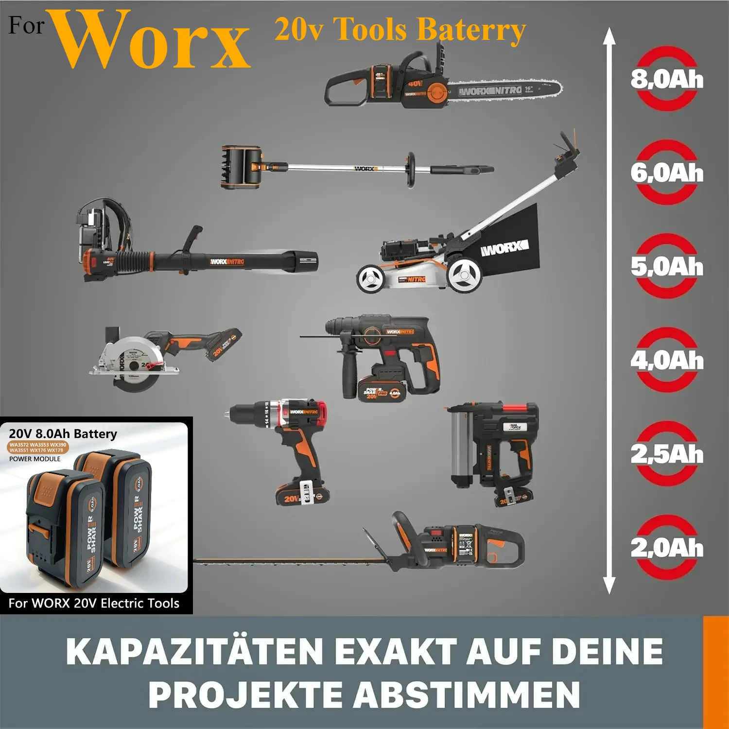 

Batterie De Rechange Aste Au Lithium-ion D'origine Worx WA3551, WA3553 WX176 WX550 WX386 WXino 3 WXgain, WX800,WU268 20V, 8,0 Ah